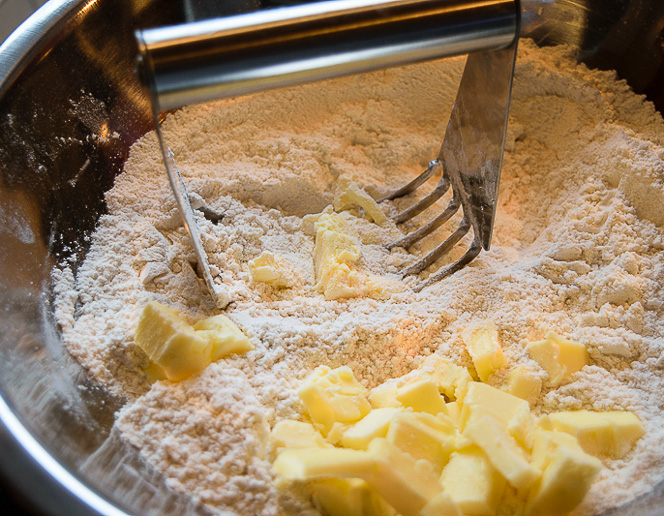 Mix dry ingredients together and cut in butter.