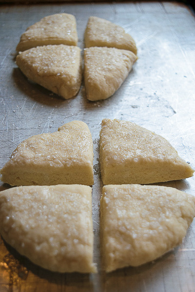 Place semi- or quarter-circles on baking sheet close together, then brush tops with milk and sprinkle with sugar.